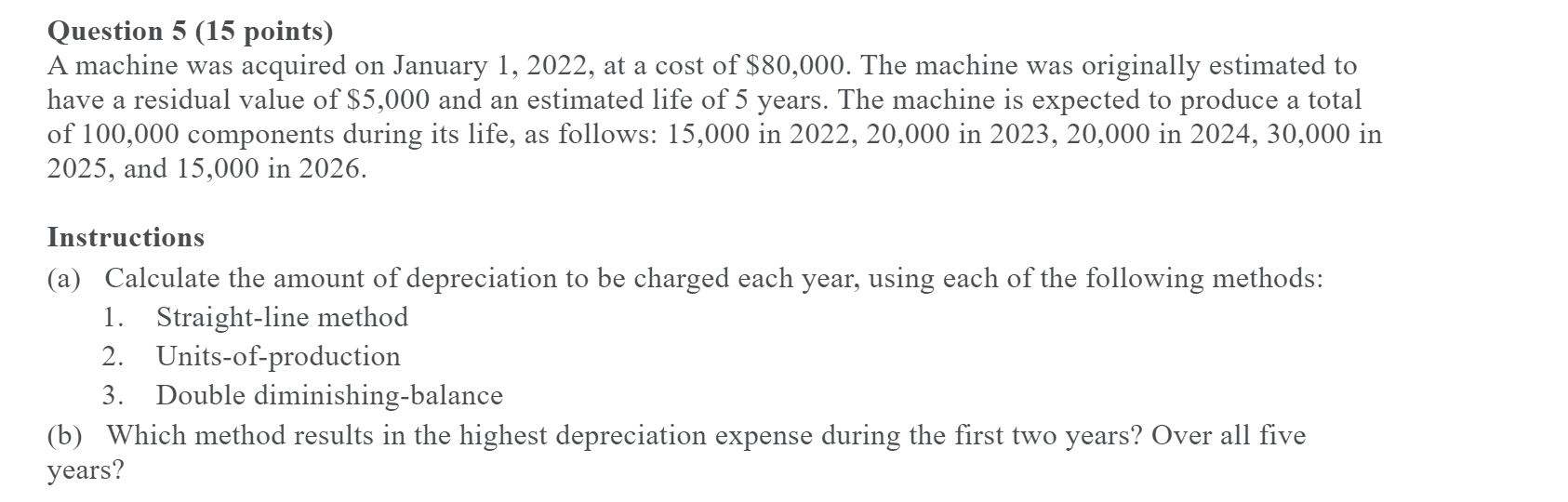  Question 5 (15 points) A machine was acquired on January 1,