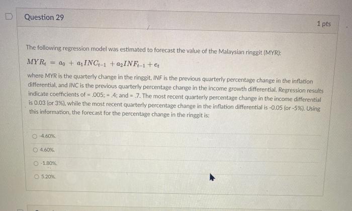  Question 29 1 pts The following regression model was estimated to