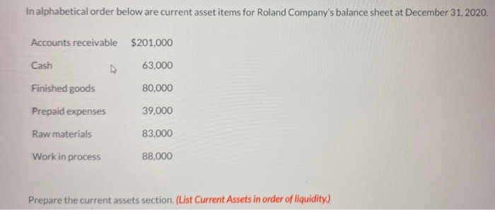  In alphabetical order below are current asset items for Roland Company's