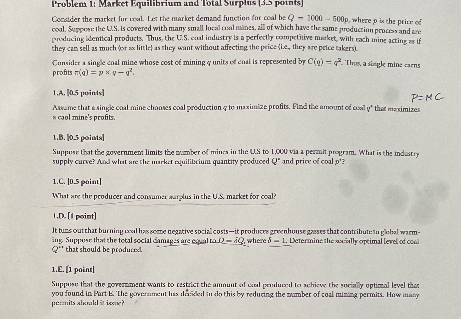 Need help with question 1C. Solution getting consumer surplus and producer surplus.