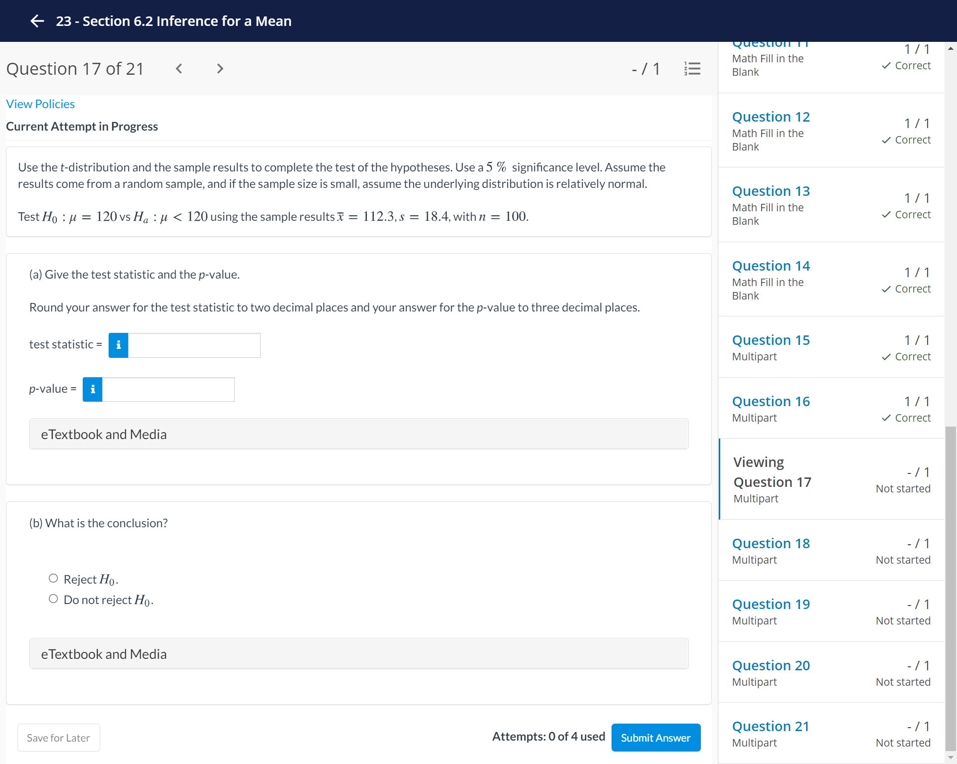  - 23 - Section 6.2 Inference for a Mean 1/1 Math