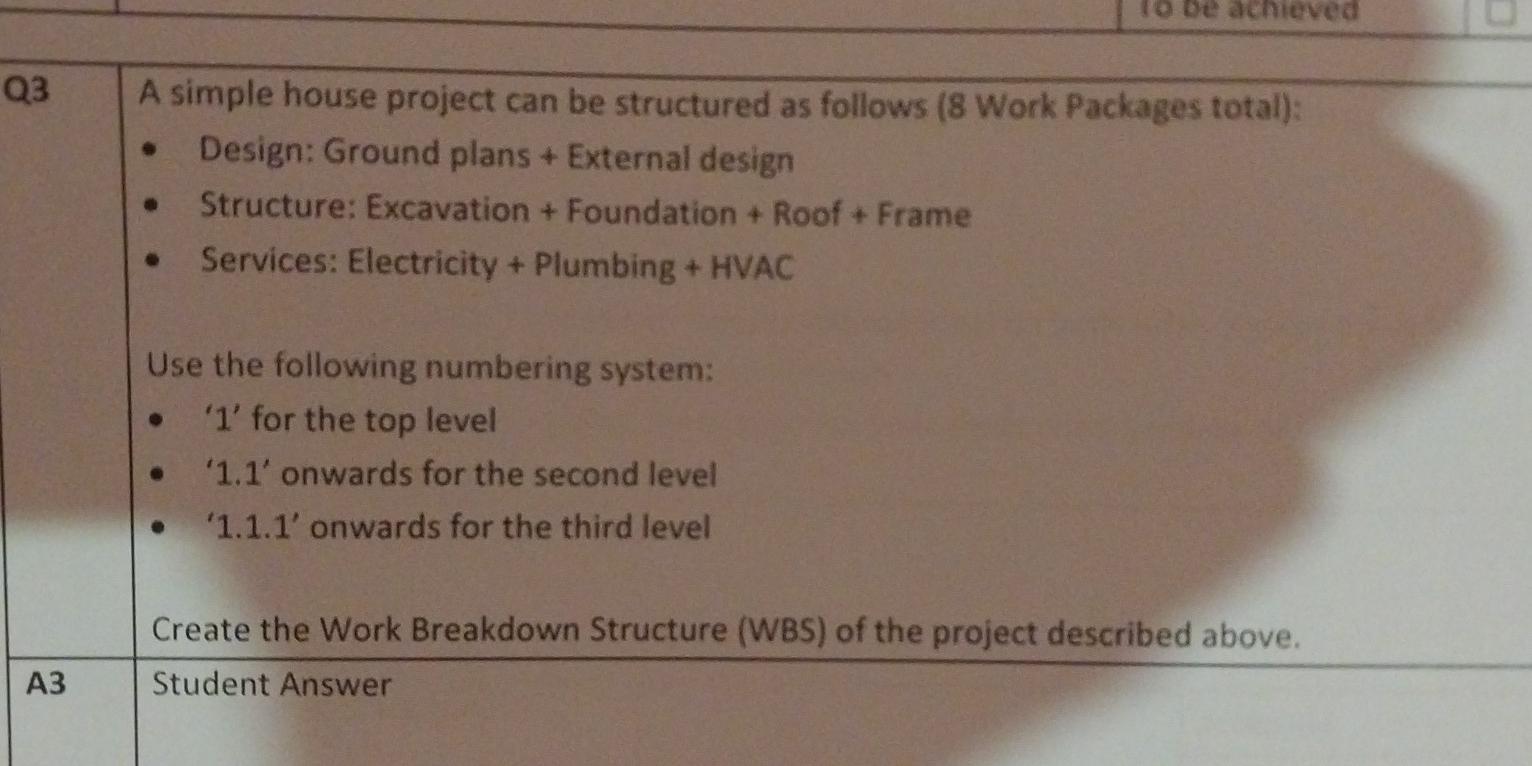  to be achieved Q3 A simple house project can be structured