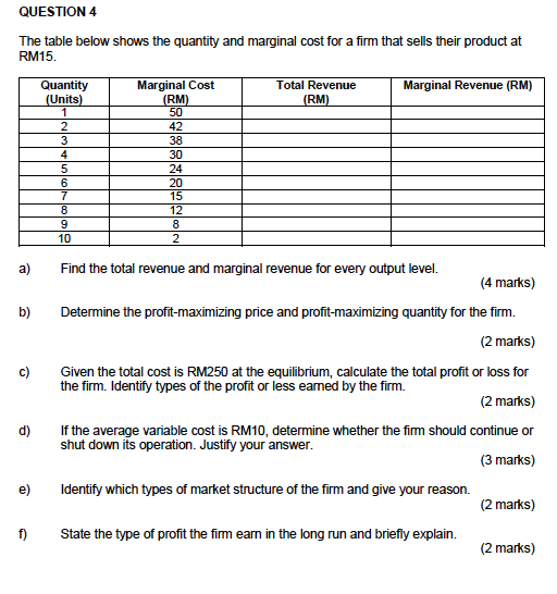 help this.. QUESTION 4 The table below shows the quantity and marginal
