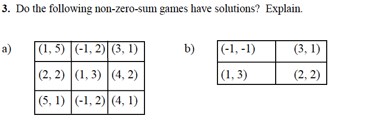 3. Do the following non-zero-sum games have solutions? Explain. a) b)