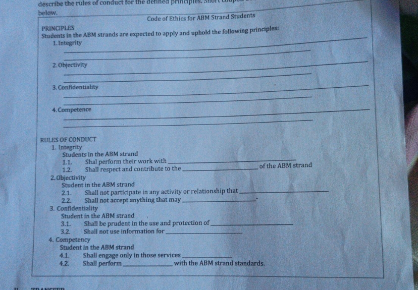 code of ethics for abm strand student describe the rules of conduct
