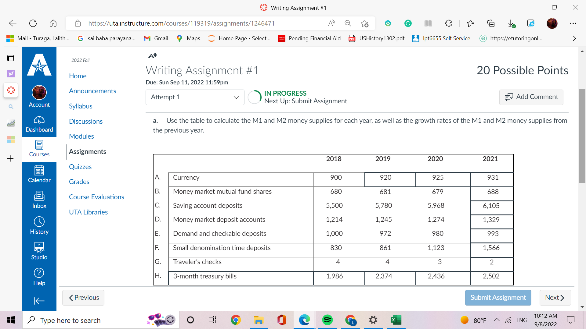 Writing Assignment #1 X C https://uta.instructure.com/courses/119319/assignments/1246471 G to . . .