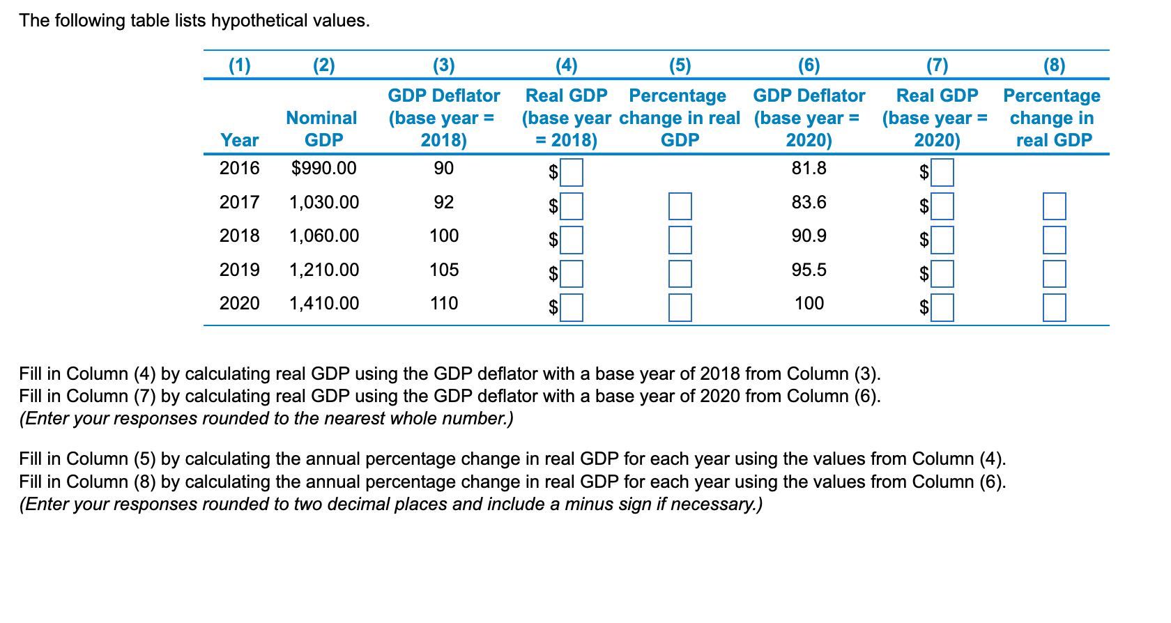 The following table lists hypothetical values. (1) (2) (3) (4) (5)