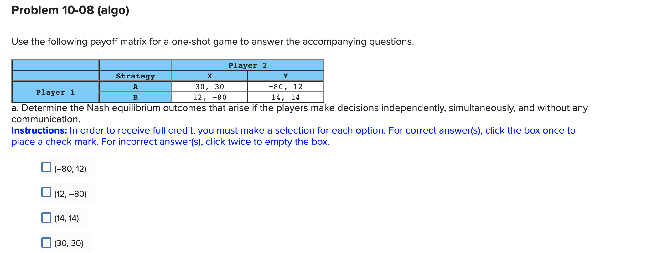  Problem 10-08 (algo) Use the following payoff matrix for a one-shot
