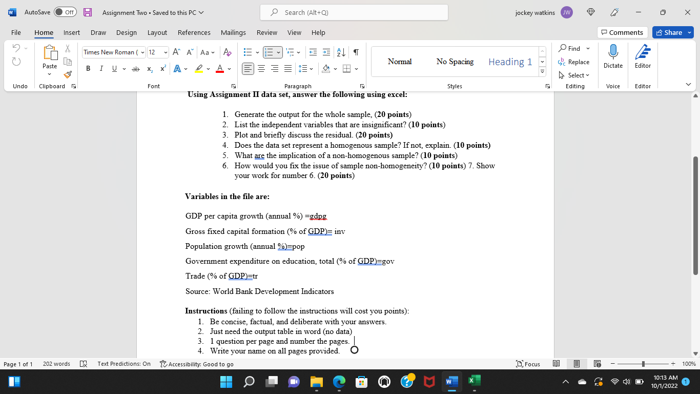  W AutoSave @ Off Assignment Two . Saved to this PC
