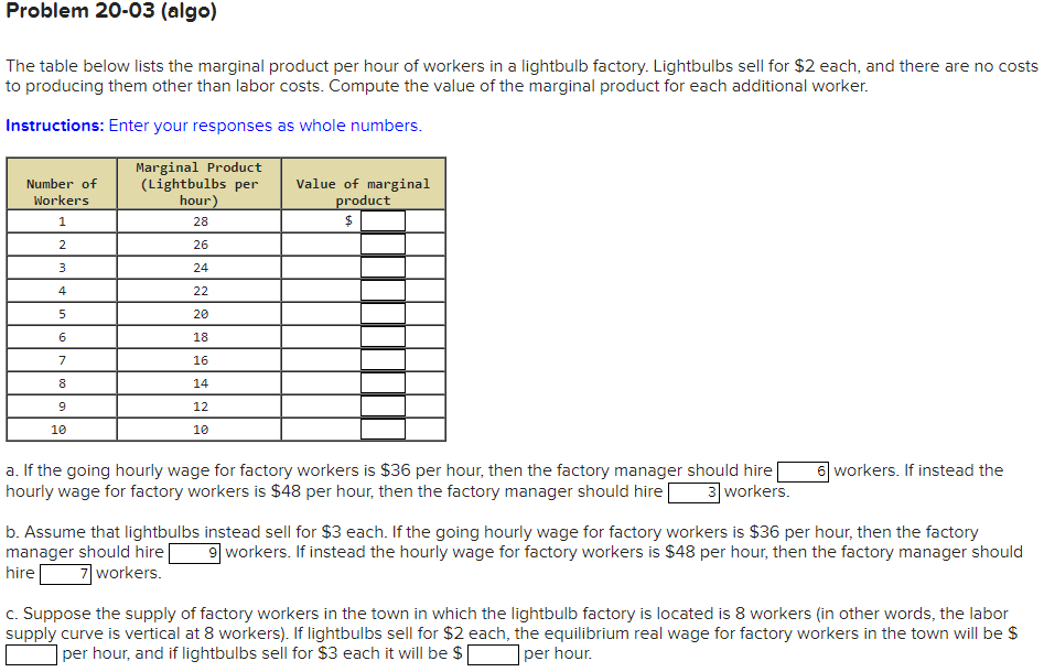 Problem 20-03 {algal The table below lists the marginal product per
