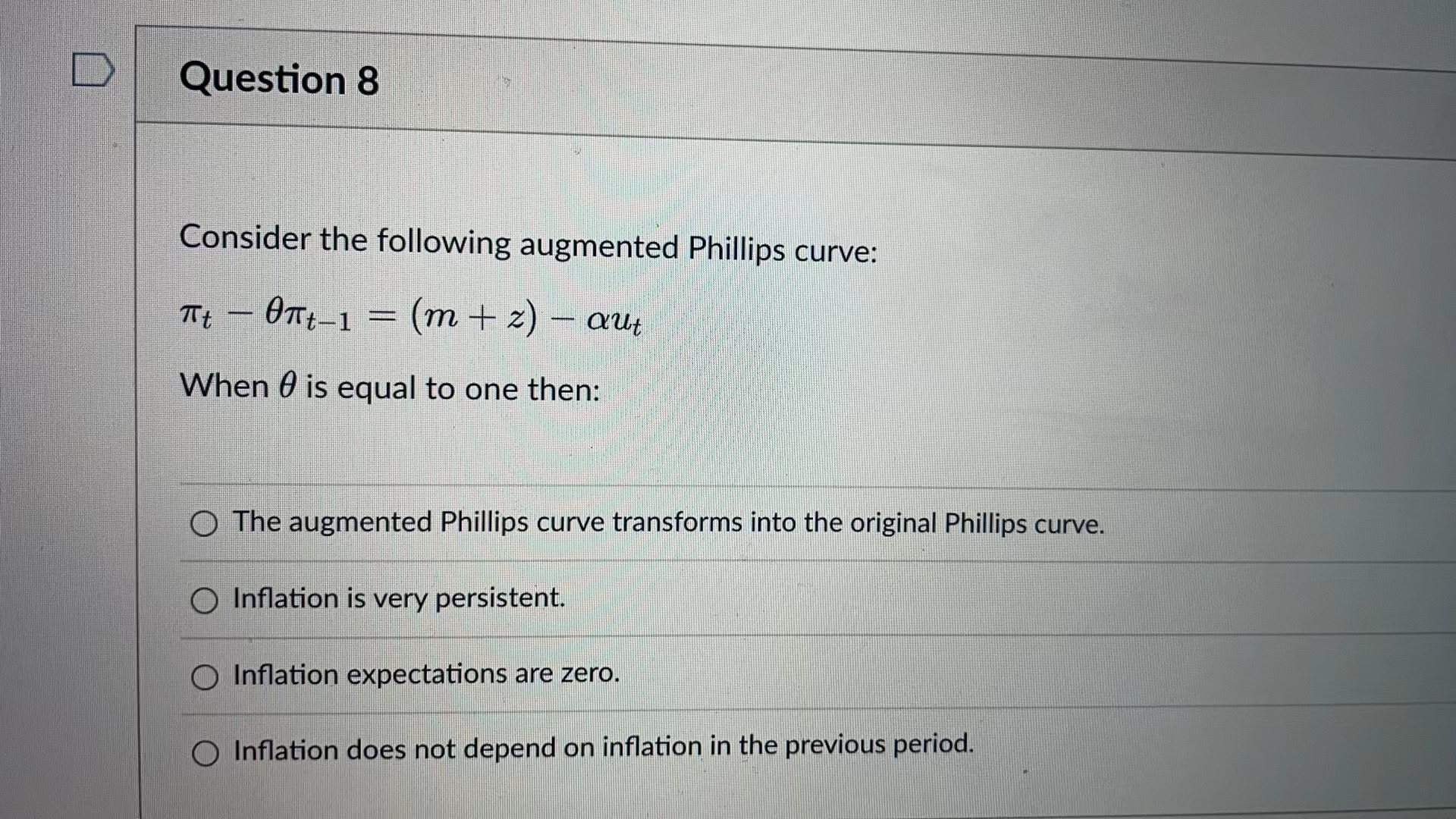  D Question 8 Consider the following augmented Phillips curve: Tit -