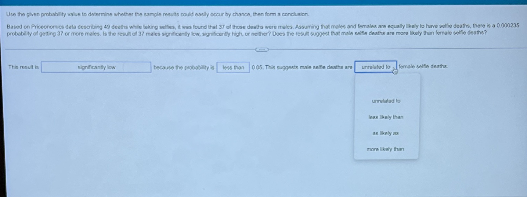 Use the given probability value to determine whether the sample results