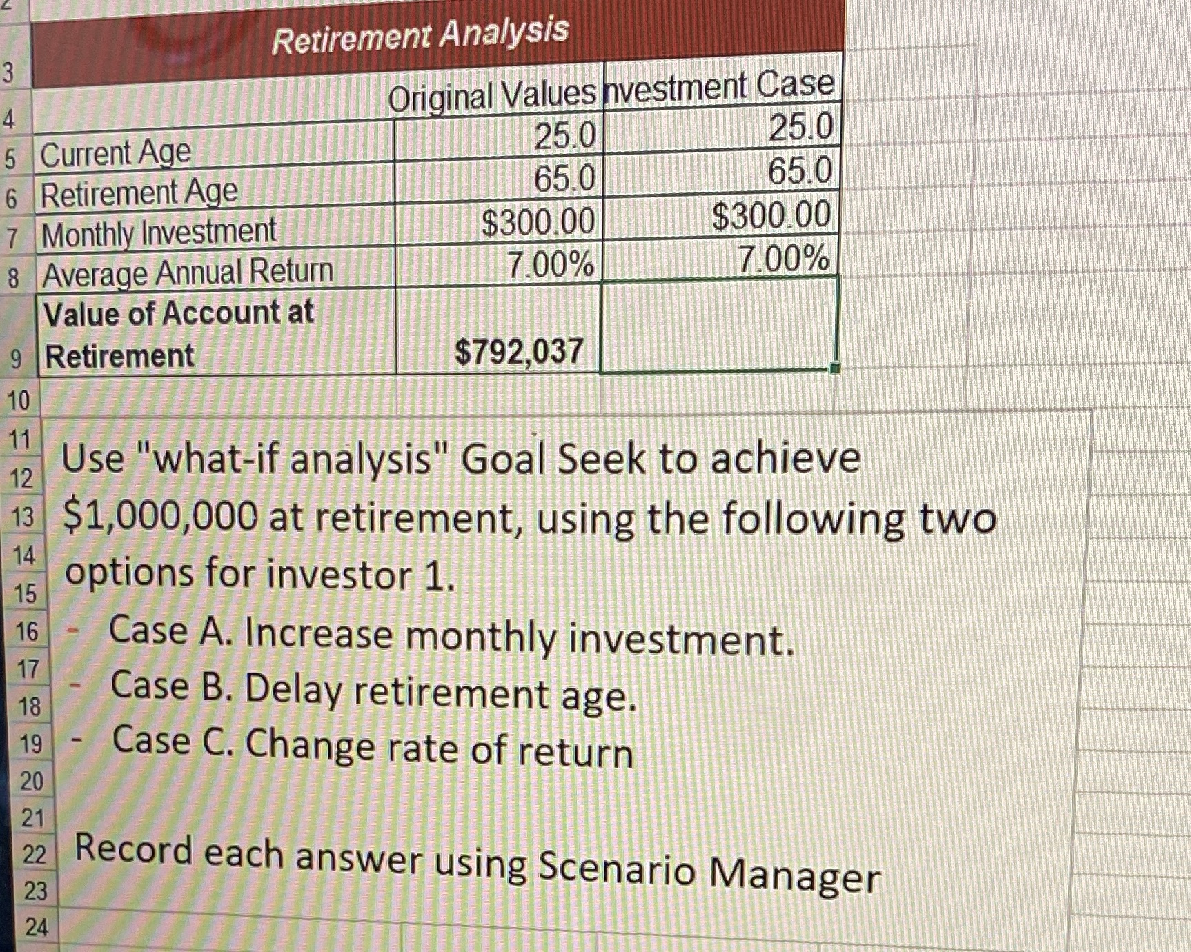  Retirement Analysis Original Values nvestment Case 4 5 Current Age 25.0