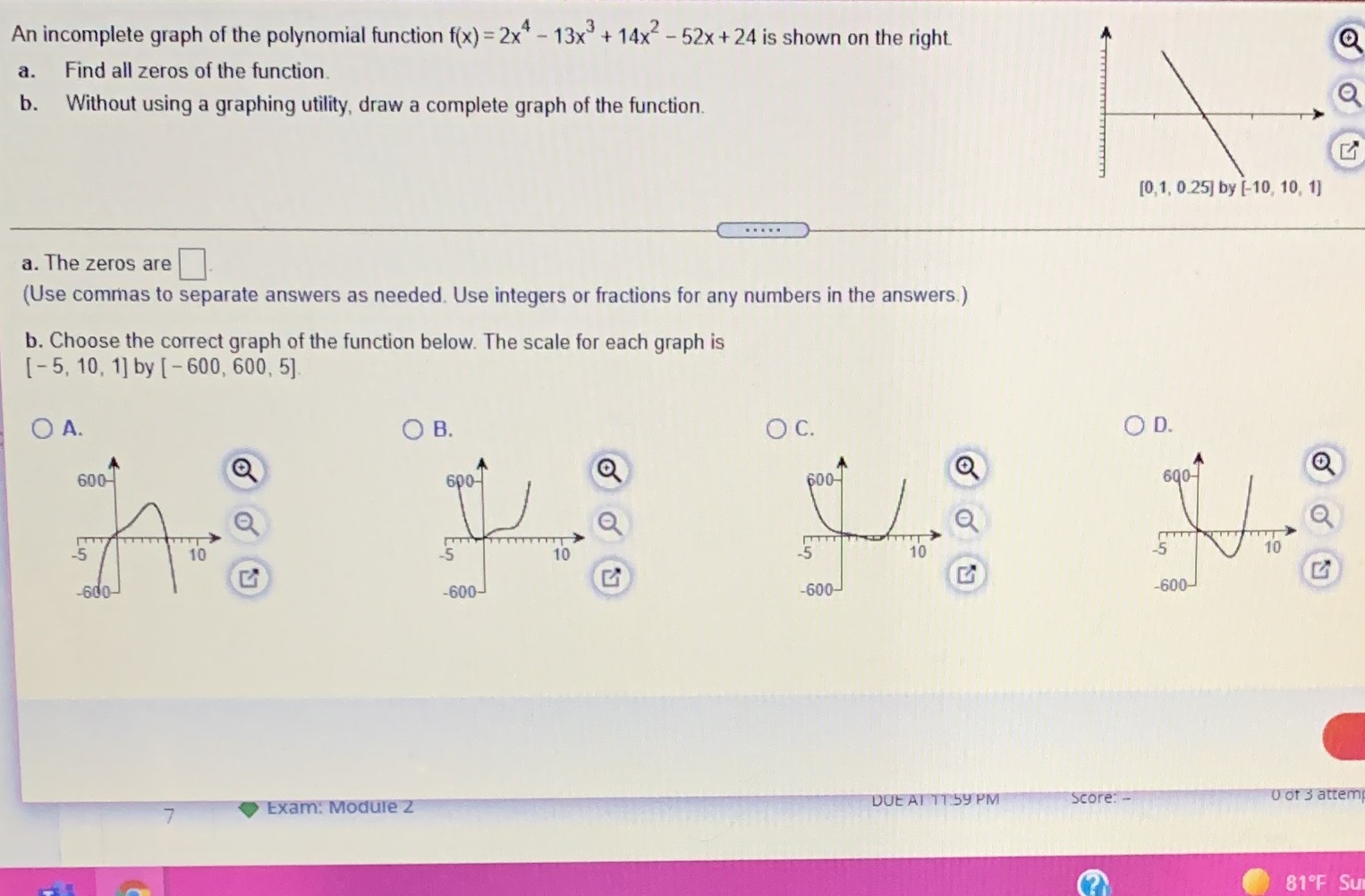 An incomplete graph of the polynomial function f(x) = 2x* -
