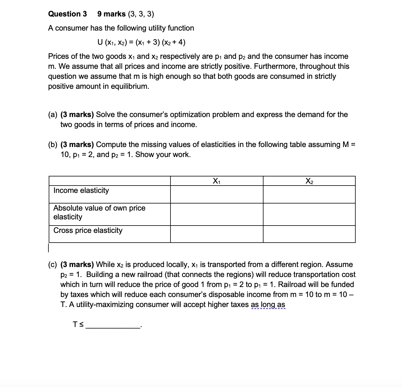 Question 3 9 marks (3, 3, 3) A consumer has the