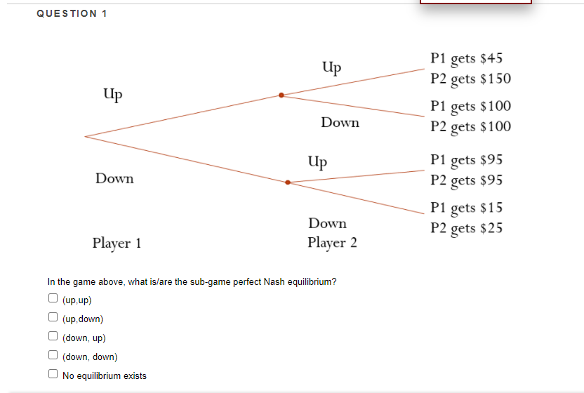 QUESTION 1 P1 gets $45 Up P2 gets $150 Up P1