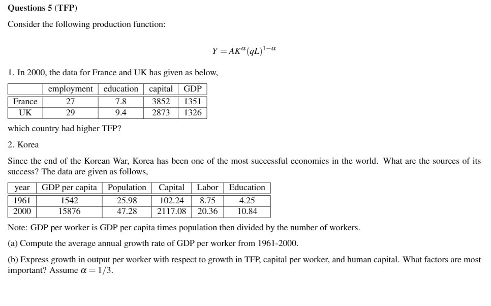  Questions 5 (TFP) Consider the following production function: Y = AK"