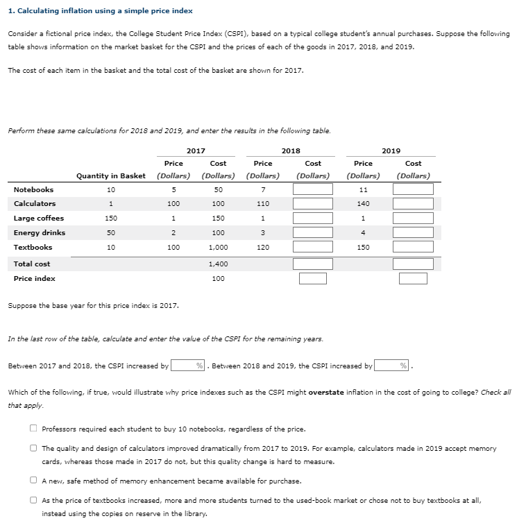 1. Calculating inflation using a simple price index Consider a fictional