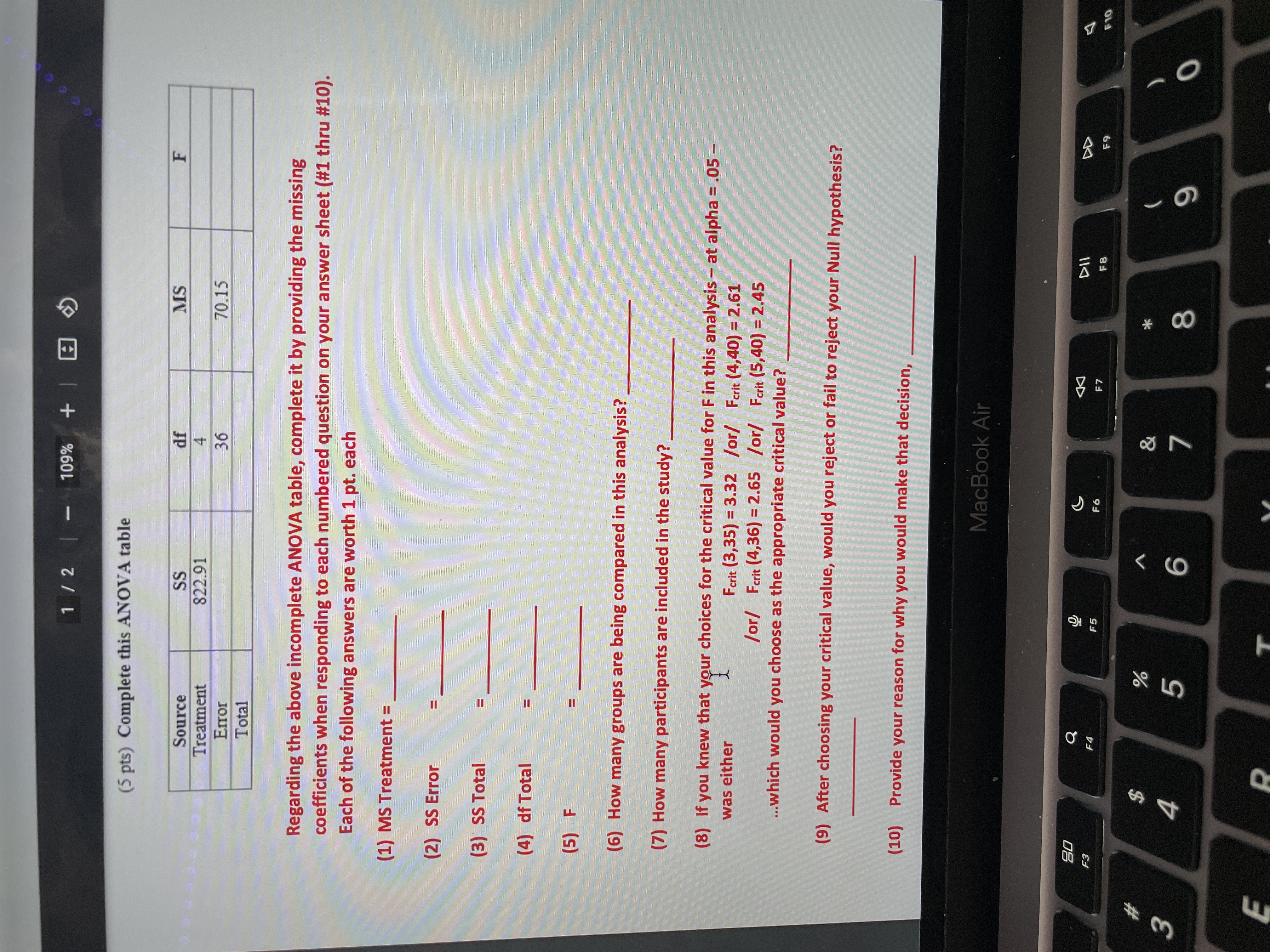  1 /2 109% + (5 pts) Complete this ANOVA table Source