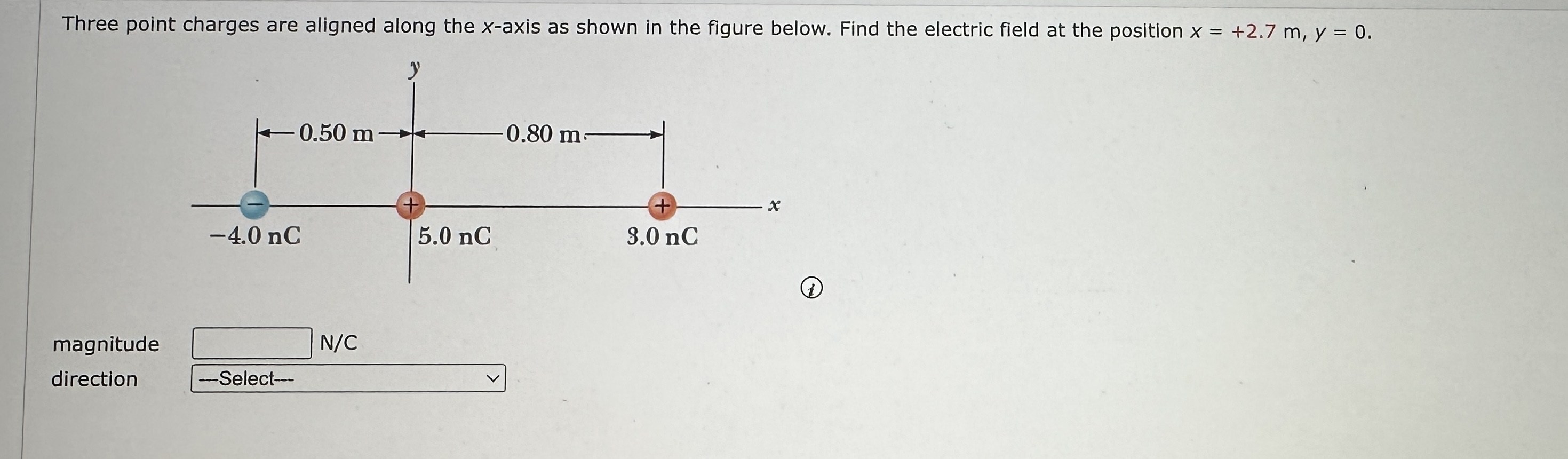 Three point charges are aligned along the x-axis as shown in