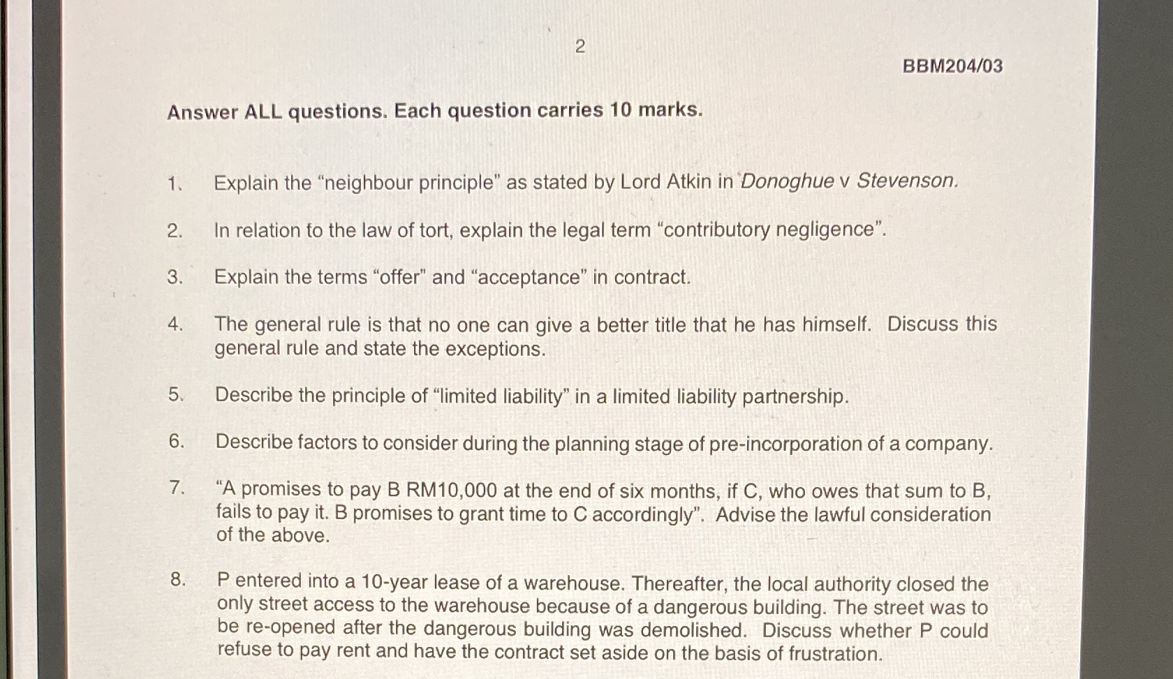 Answer all the questions BBM204/03 Answer ALL questions. Each question carries 10