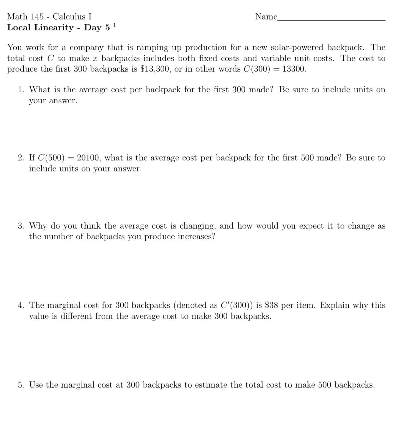 Math 145 - Calculus I Name Local Linearity - Day 5