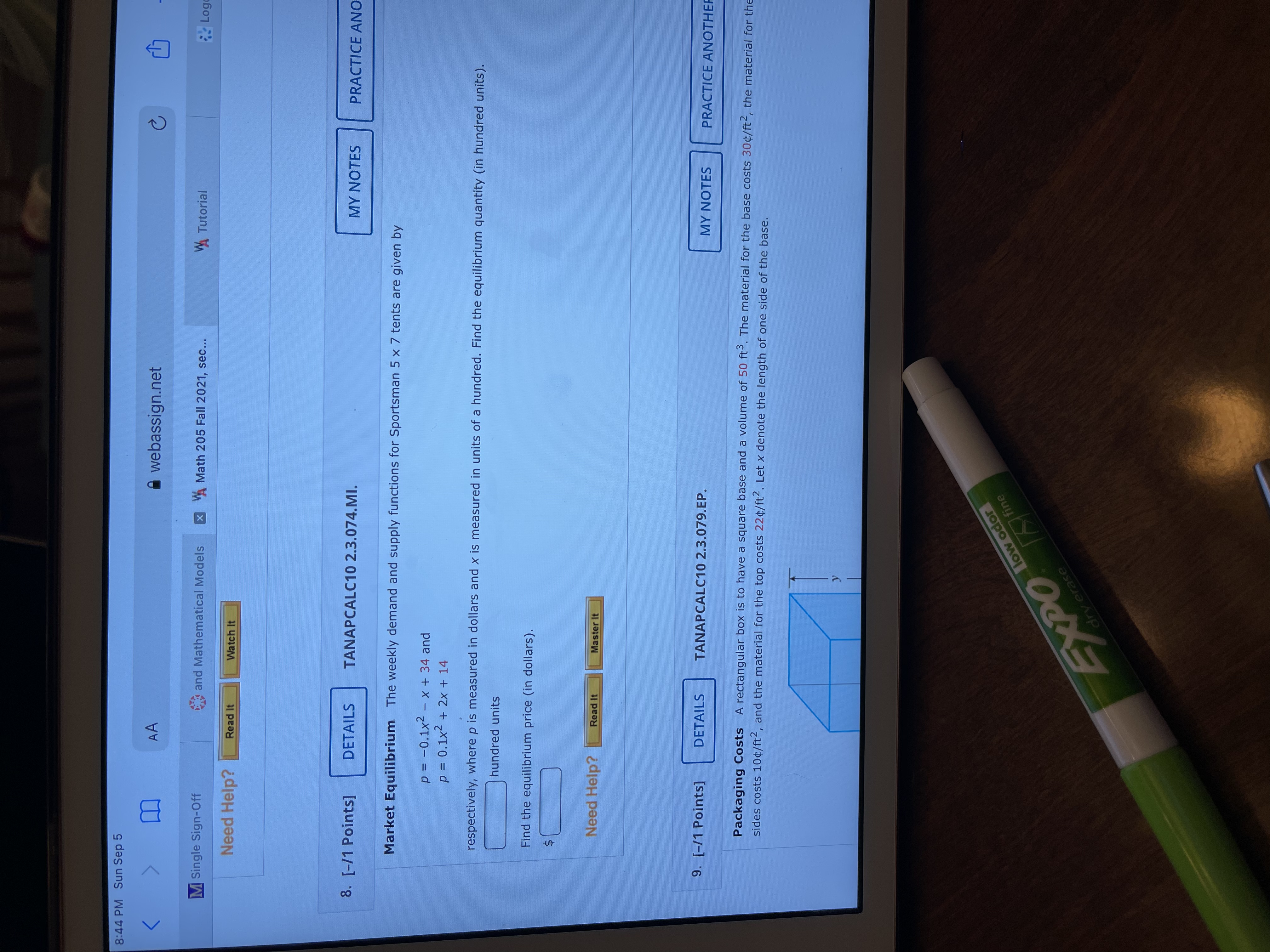  8:44 PM Sun Sep 5 AA webassign.net C M Single Sign-Off