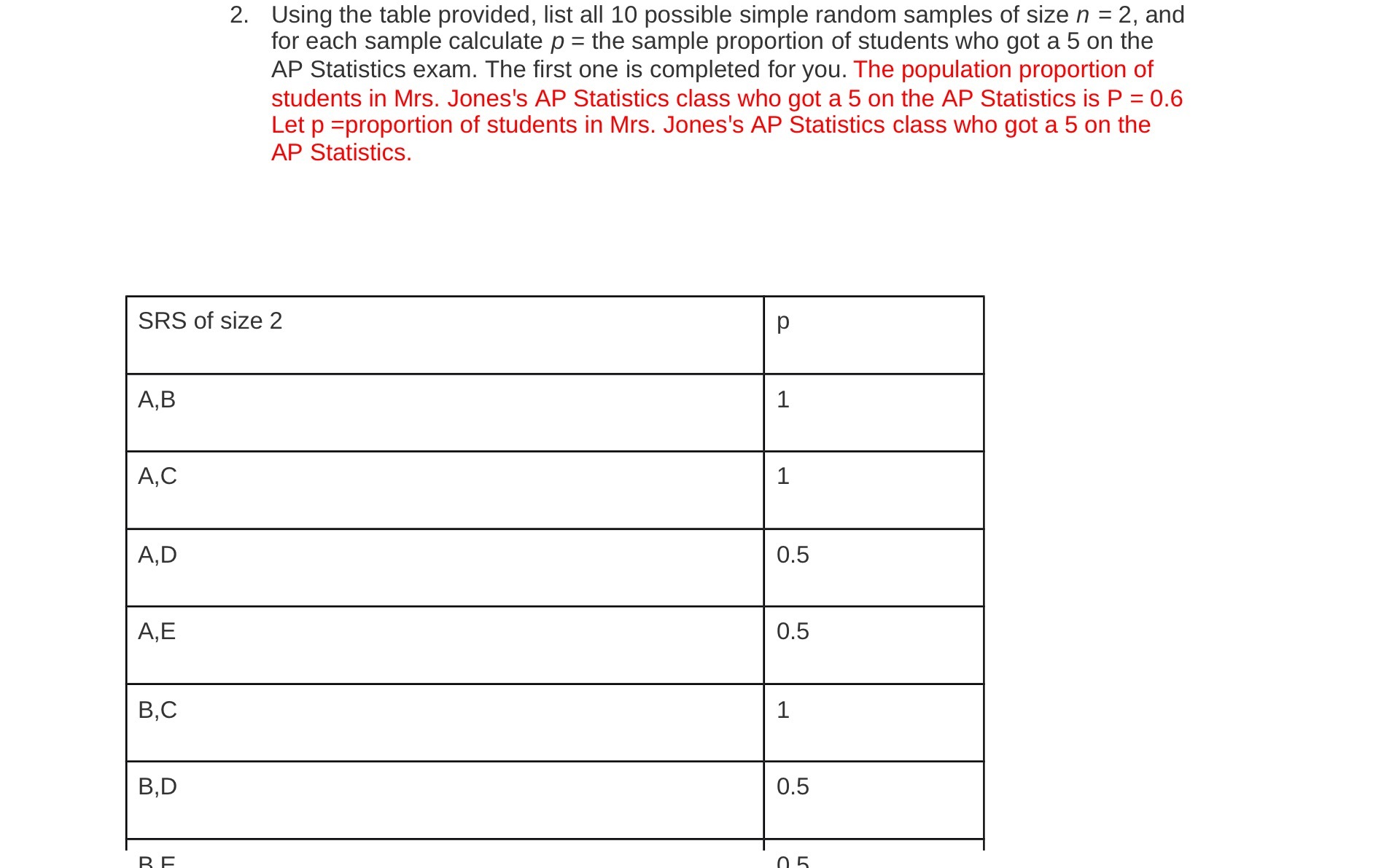  2. Using the table provided, list all 10 possible simple random