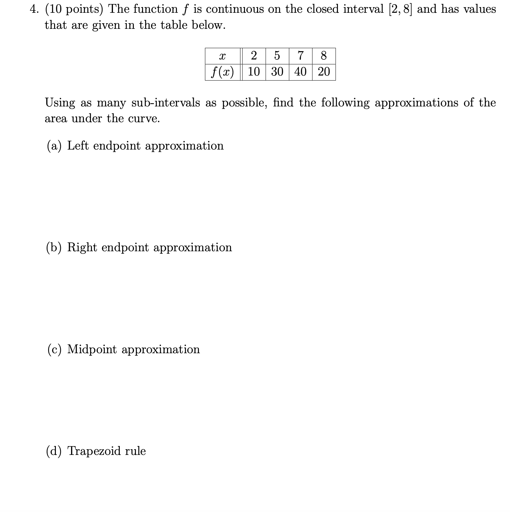  4. (10 points) The function f is continuous on the closed
