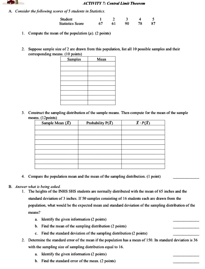 ACTIVITY 7: Central Limit Theorem A. Consider the following scores of