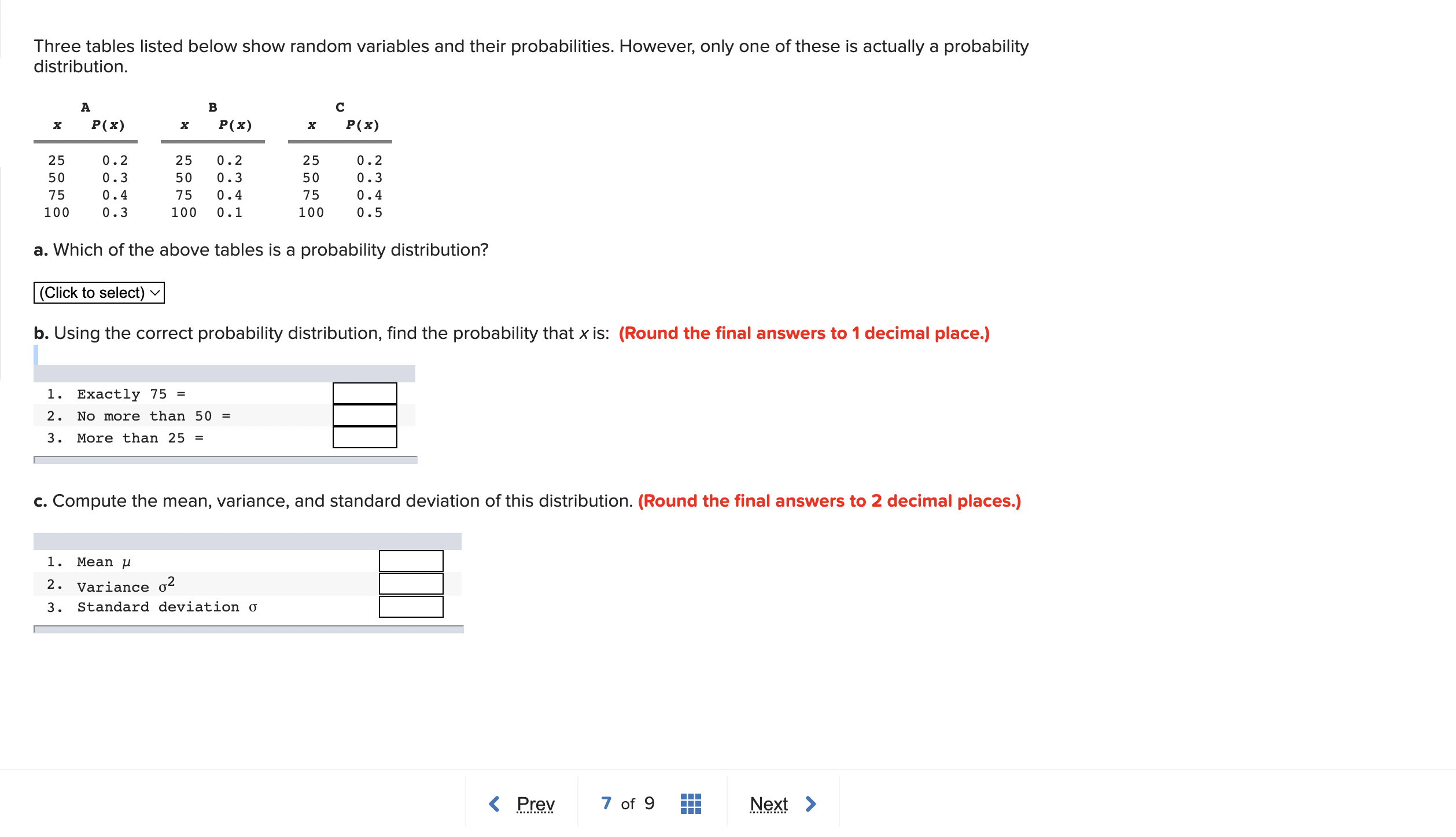 Please answer these two questions Three tables listed below show random variables