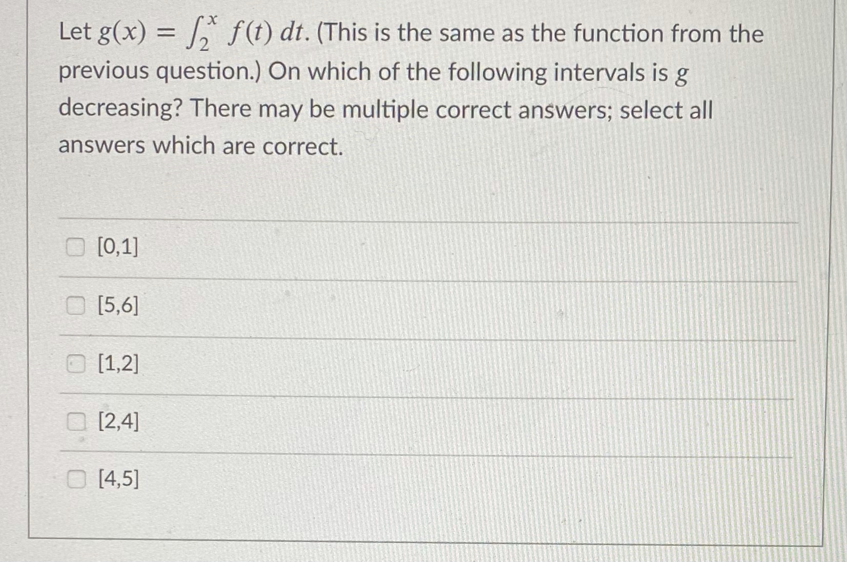 given below on the interval [0, 6].Let g(x) = , f(t) dt.
