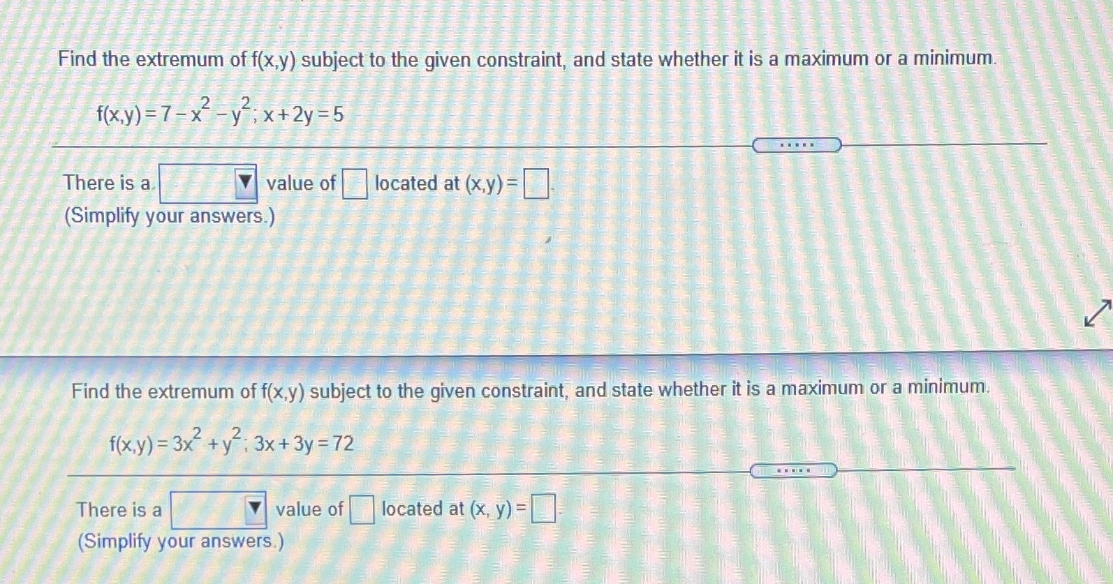 Please help me answer these two questions. Find the extremum of f(x,y)