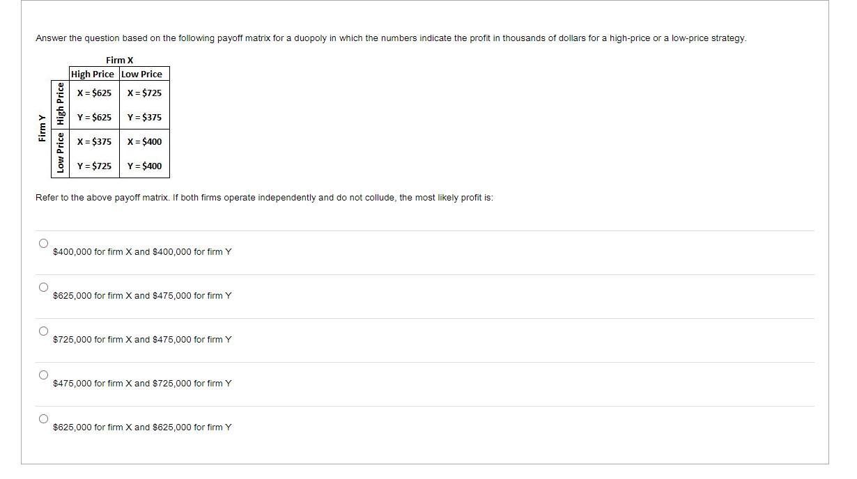 EconomicAnswer the question based on following payoff Matrix Answer the question based