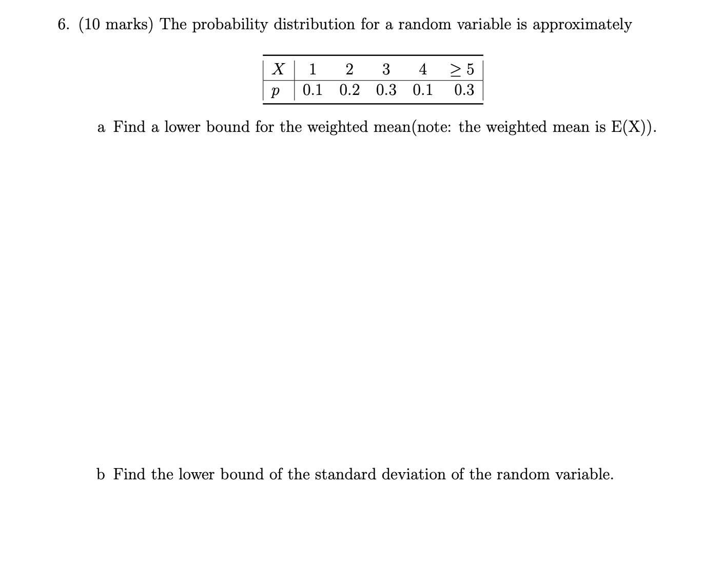6. (10 marks) The probability distribution for a random variable is