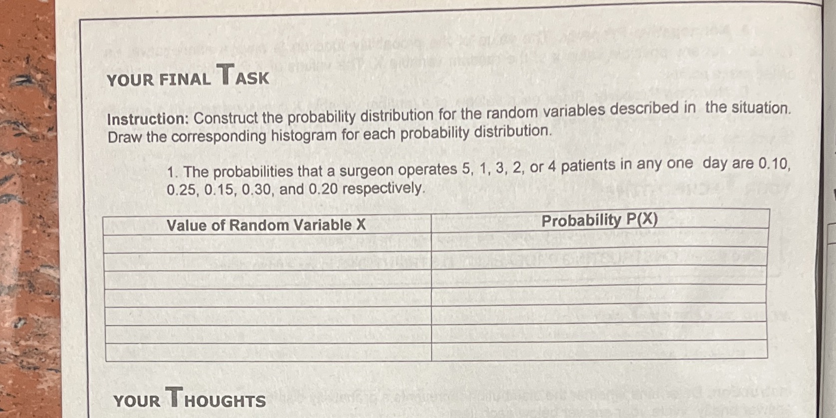 Topic: Constructing Probability Distributions YOUR FINAL TASK Instruction: Construct the probability distribution