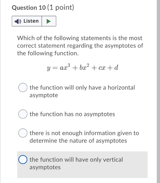 Plz answer ASAP Question 10 (1 point) () Listen Which of the