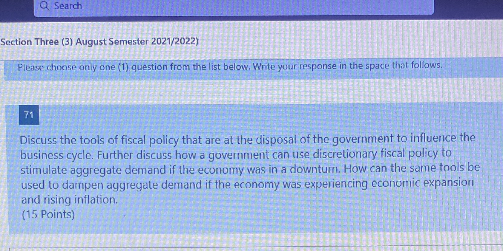 Response before 3:15 Q Search Section Three (3) August Semester 2021/2022) Please