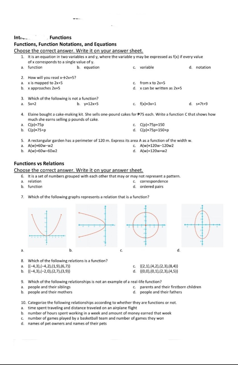 answer it all with solutions / explanations Intro- Functions Functions, Function Notations,