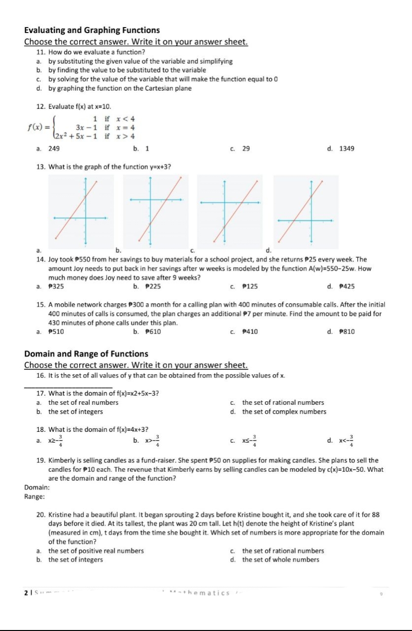 and Equations Choose the correct answer. Write it on your answer sheet.