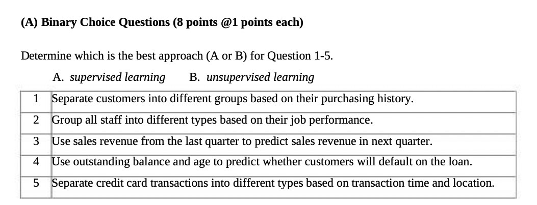  (A) Binary Choice Questions (8 points @1 points each) Determine which