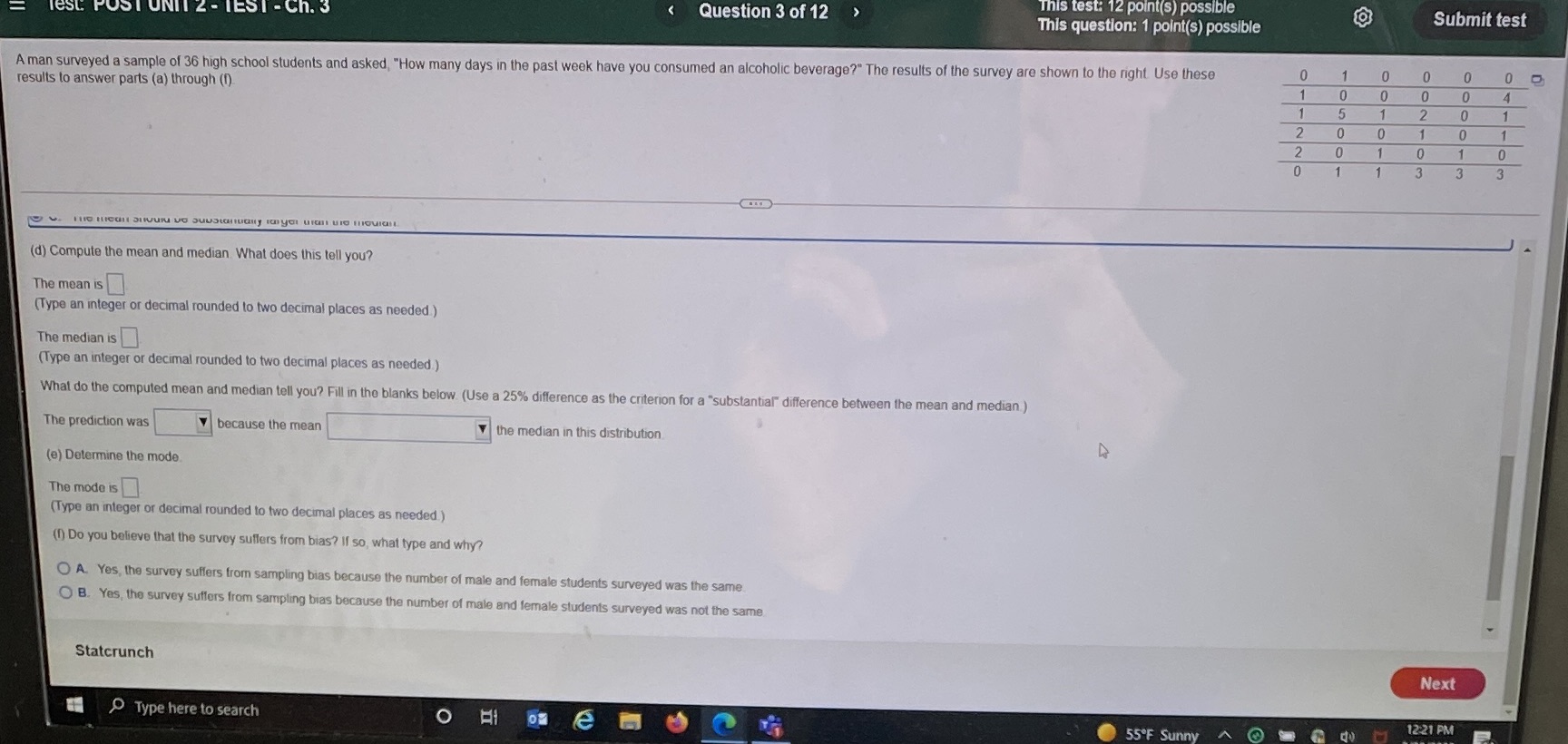  This test: 12 point(s) possible Submit test Test UNIT Z -