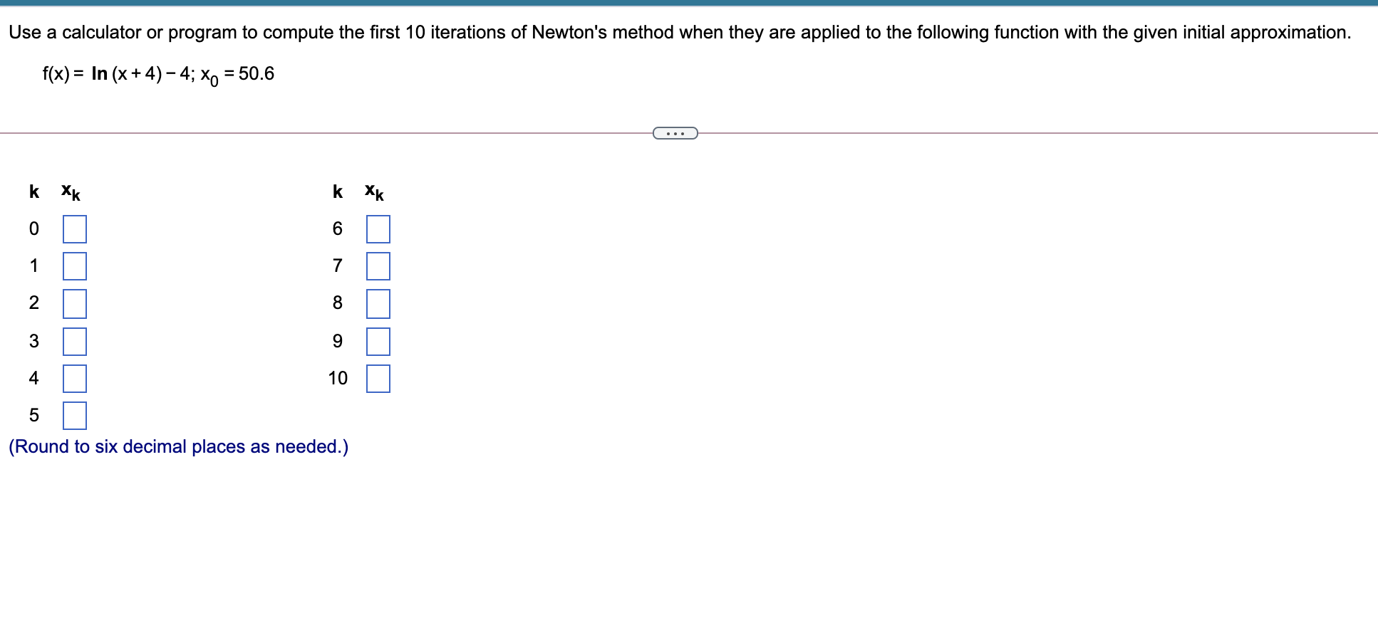 of Newton's method for the given function and initial approximation. f(x)=sinx+3x+4,x0=1.9 Complete