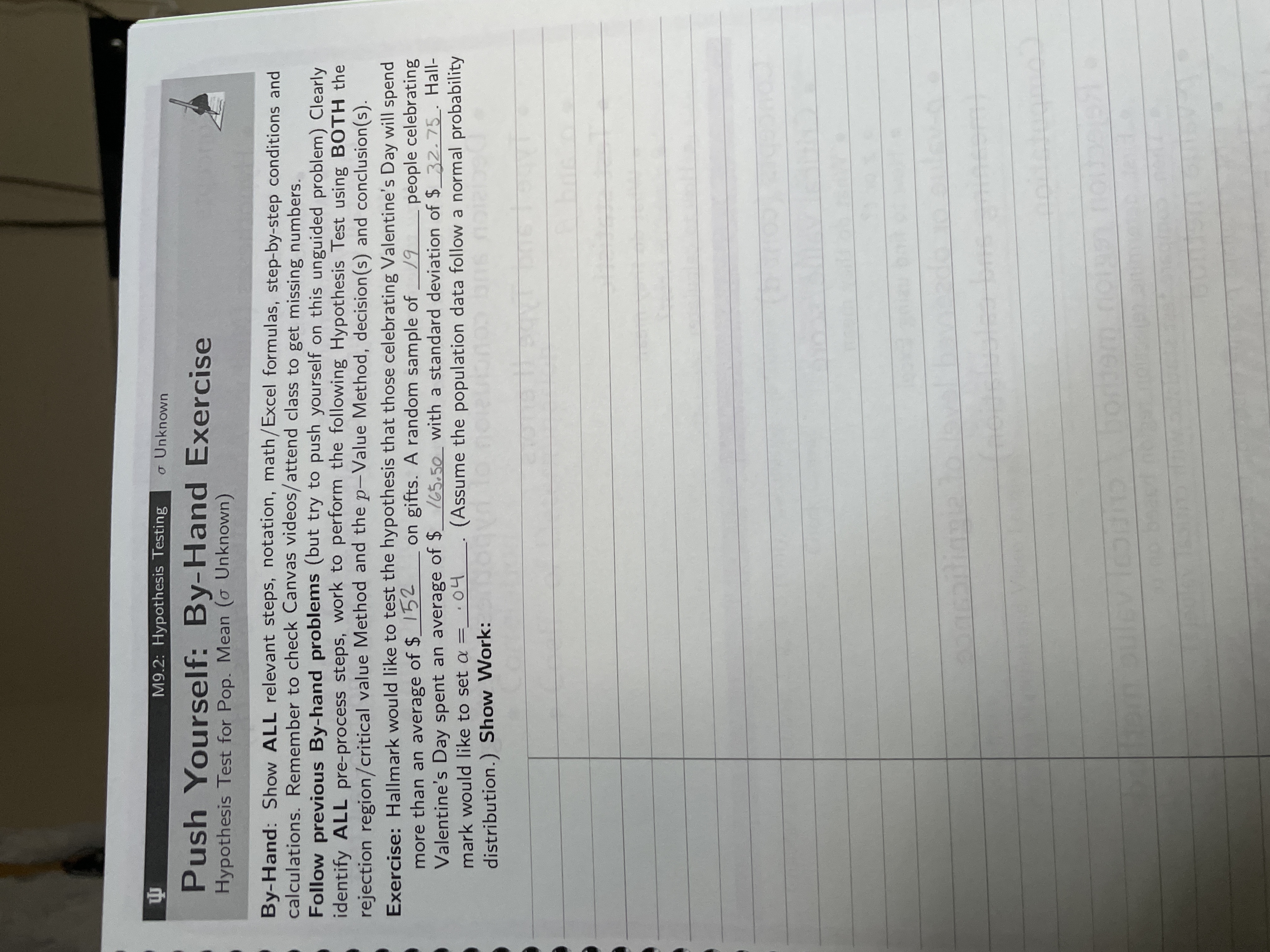 M9.2: Hypothesis Testing Unknown Push Yourself: By-Hand Exercise Hypothesis Test for