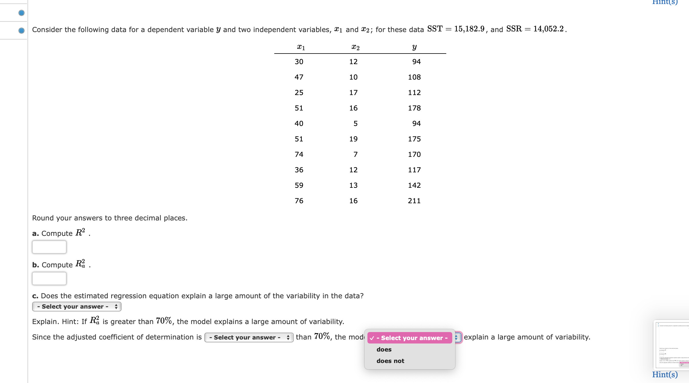 dependent variable y and two independent variables, 331 and $2; for these