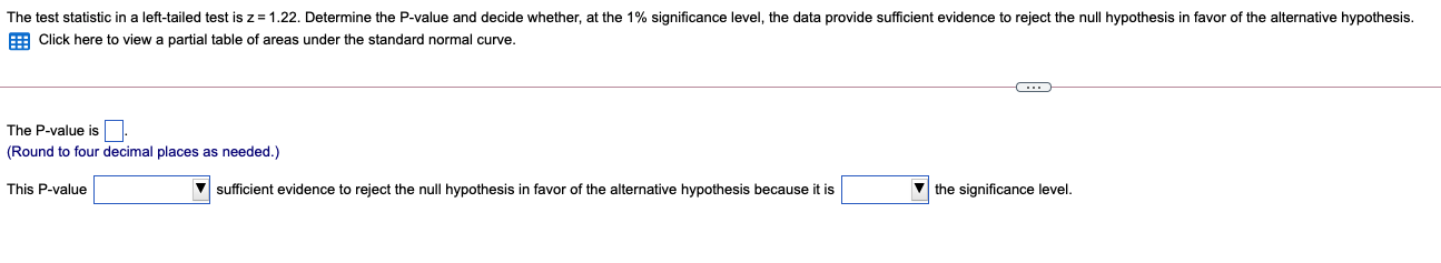 The test statistic in a left-tailed test is z = 1.22.