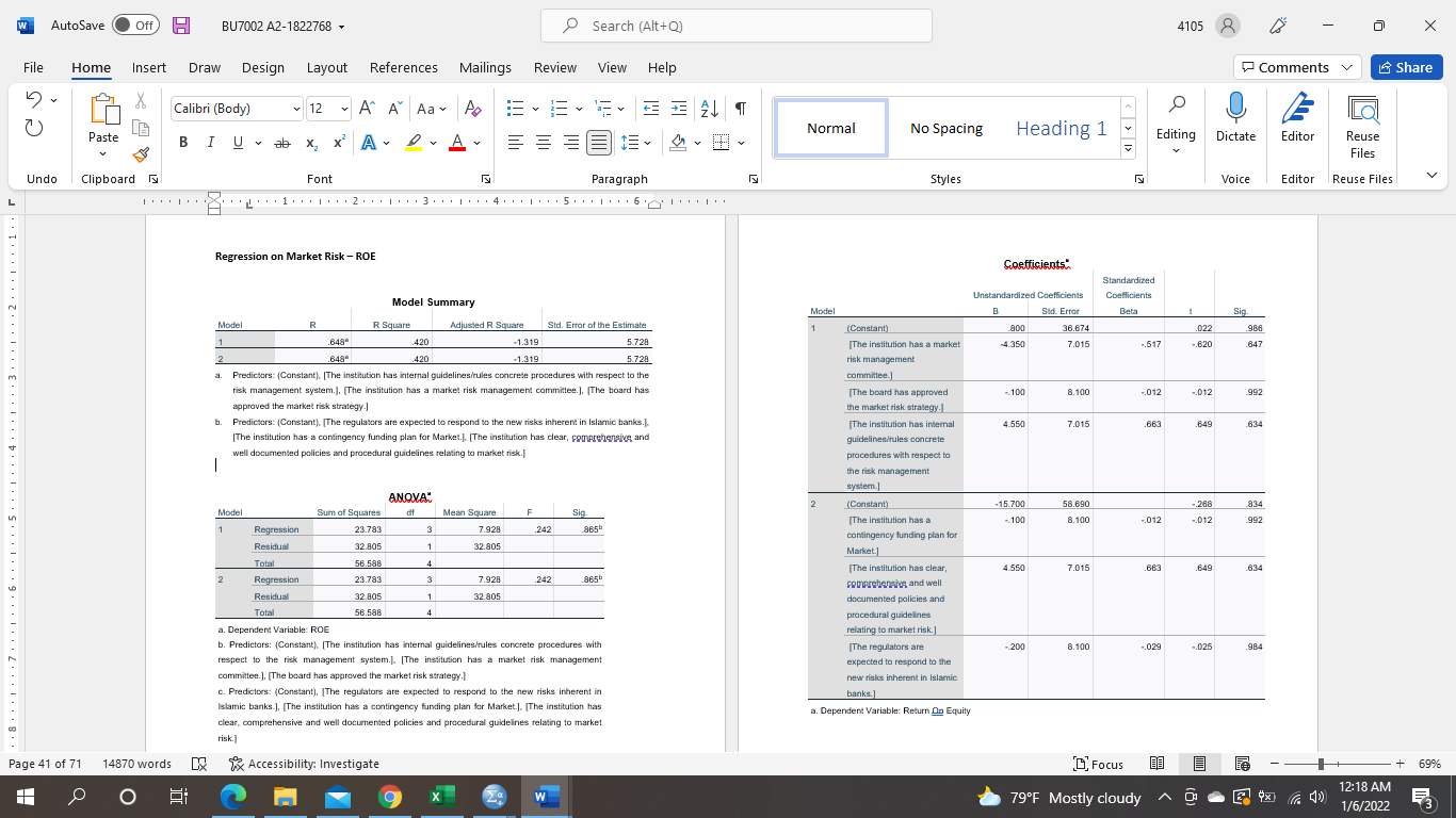 How do you interpret this Market Risk;s regression on Return on Equity