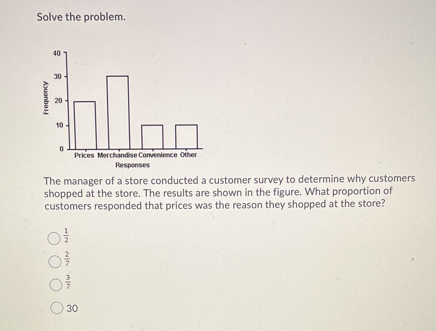 Stat Solve the problem. 40 7 30 Frequency 20 - 10 -