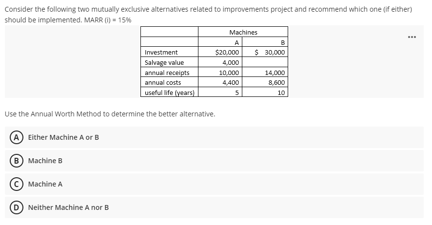  B Consider the following two mutually exclusive alternatives related to improvements