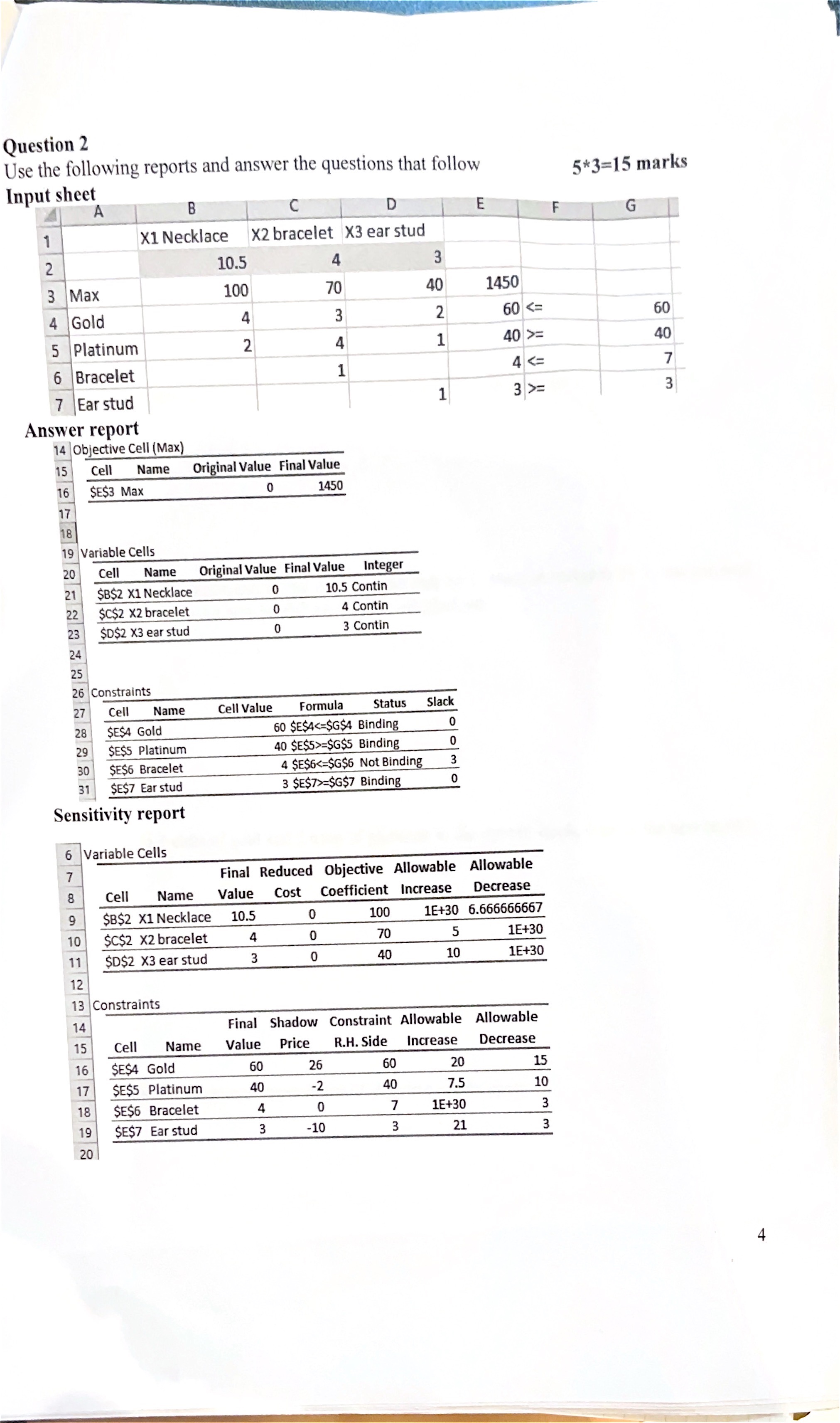 Question 2 Use the following reports and answer the questions that